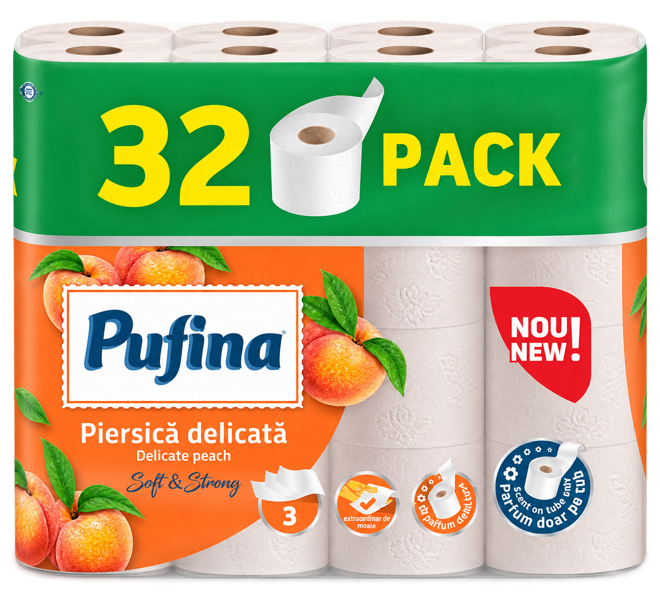 Pufina Delicate Peach Colored — toaletní papír 3vrstvý, 32 rolí